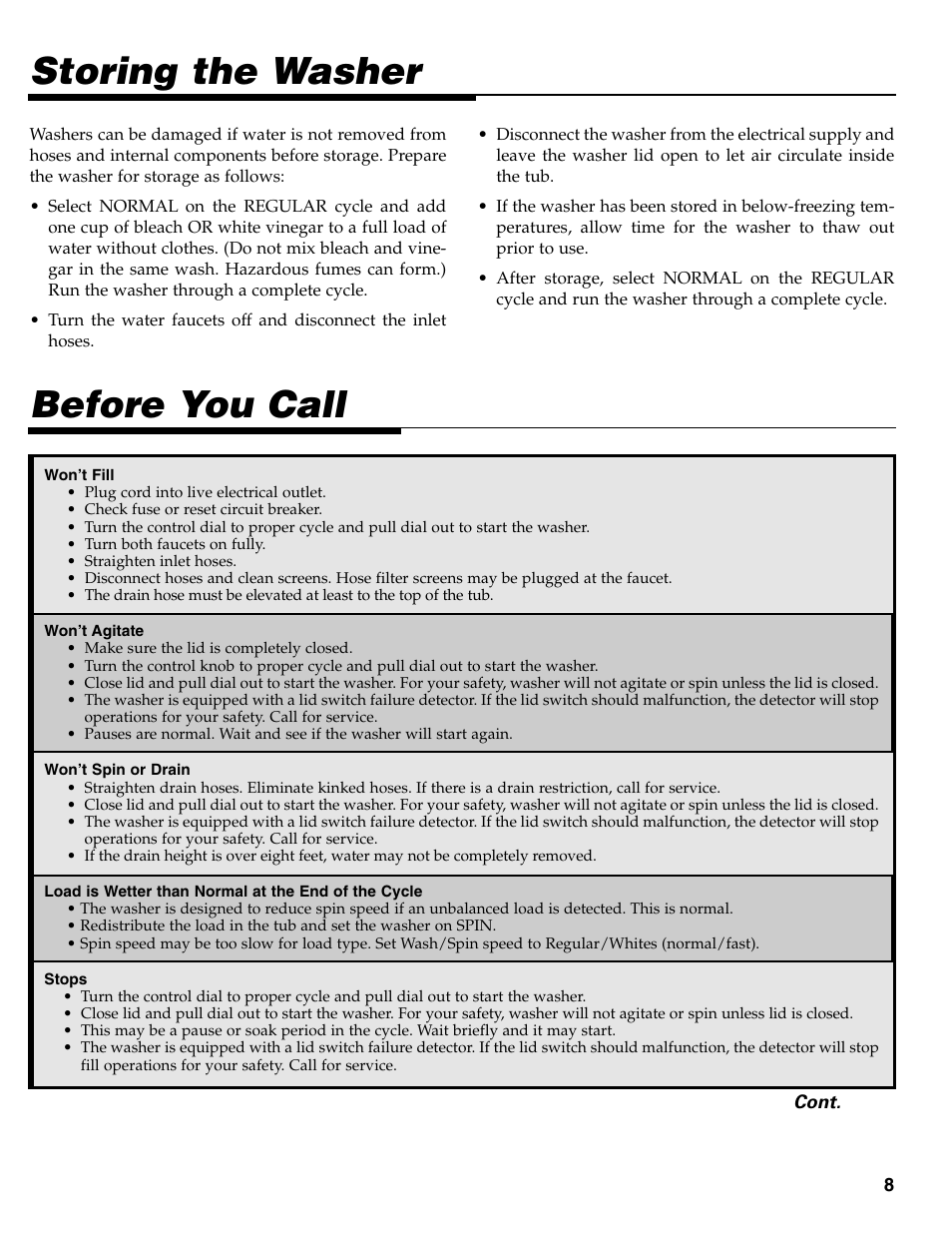 Storing the washer, Before you call | Maytag MAV-31 User Manual | Page 9 / 36
