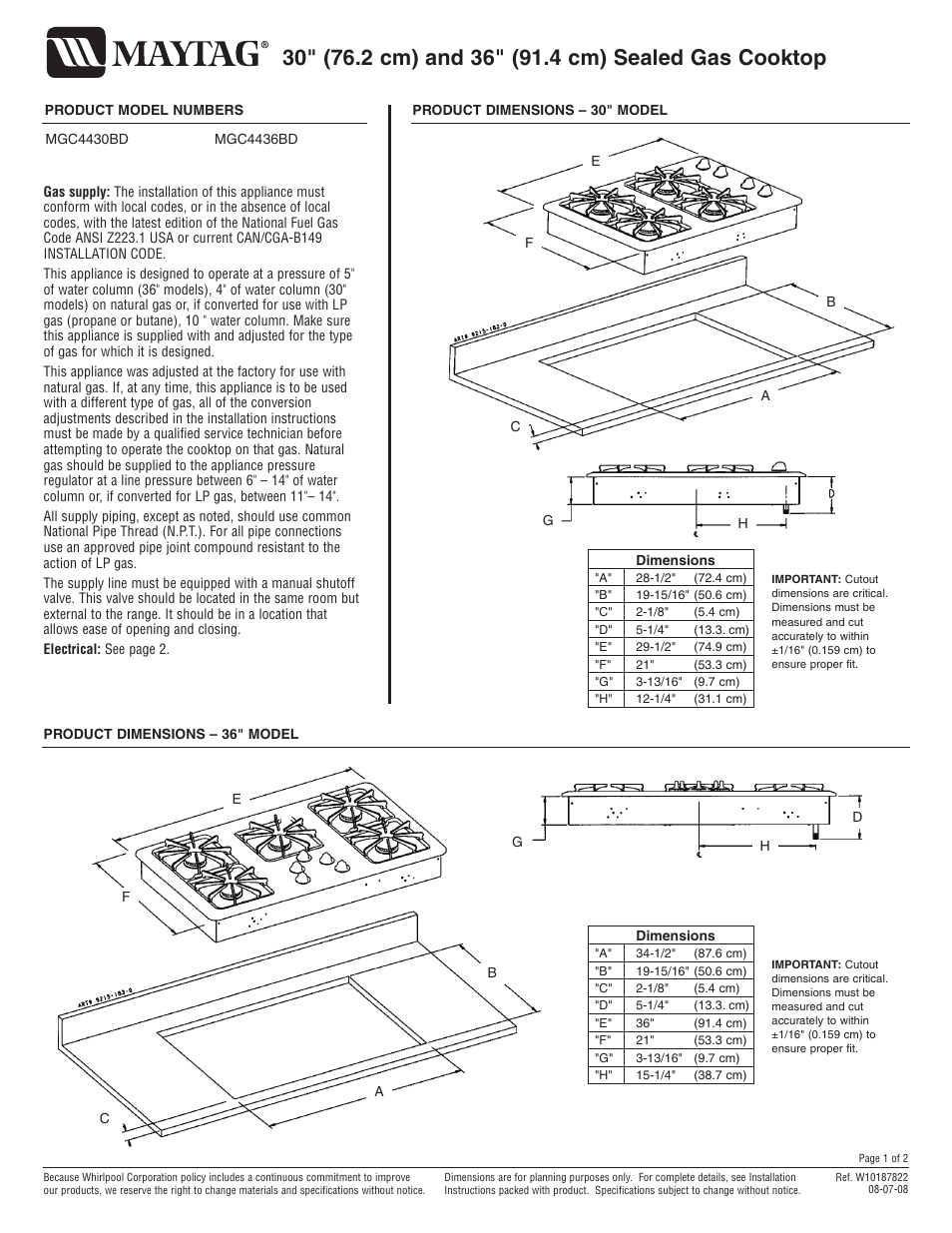 Maytag MGC4436BD User Manual | 2 pages