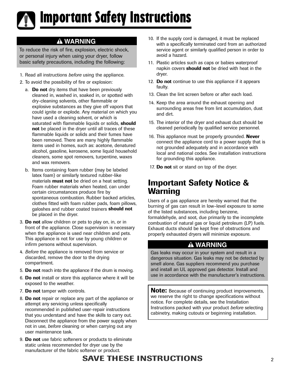 Important safety instructions, Important safety notice & warning, Save these instructions | Maytag MD-3 User Manual | Page 3 / 10