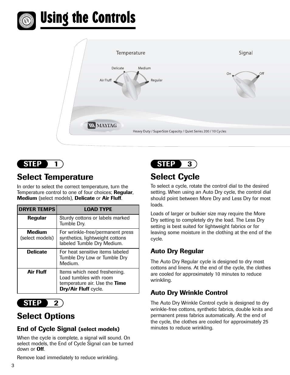 Using the controls, Select temperature, Select options | Select cycle | Maytag MD-3 User Manual | Page 4 / 10