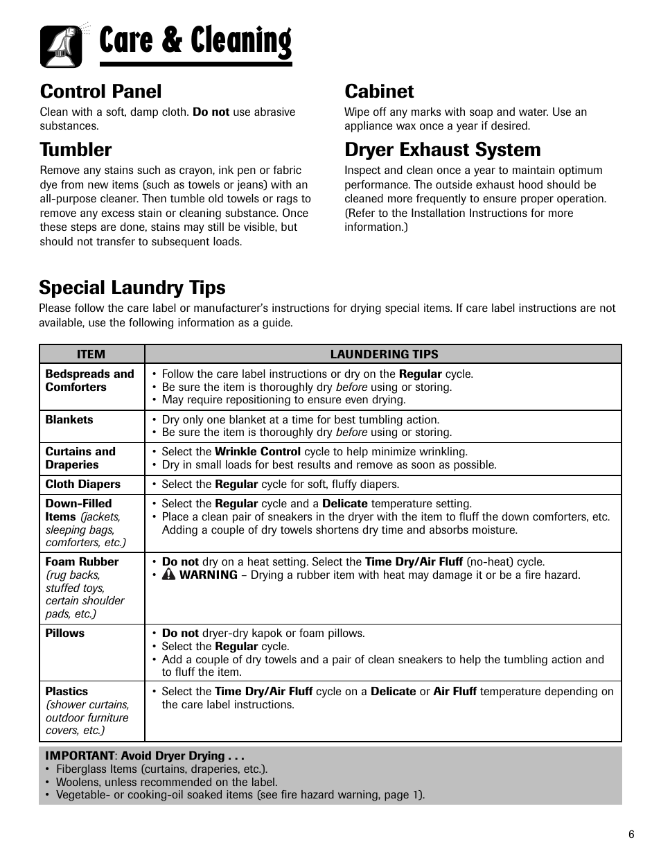 Care & cleaning, Control panel, Tumbler | Cabinet, Dryer exhaust system, Special laundry tips | Maytag MD-3 User Manual | Page 7 / 10