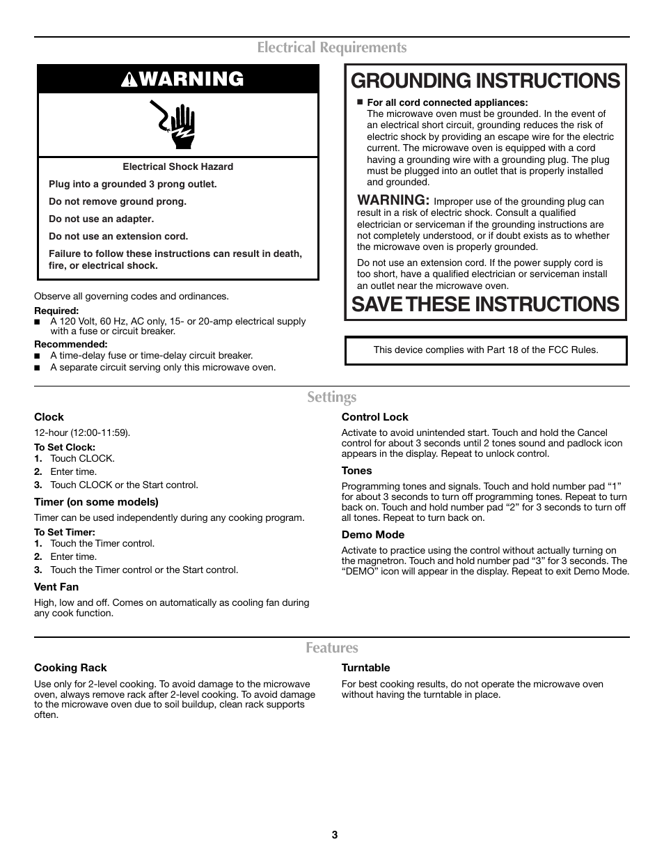 Grounding instructions save these instructions, Warning, Electrical requirements | Settings, Features | Maytag W10315181A User Manual | Page 3 / 6