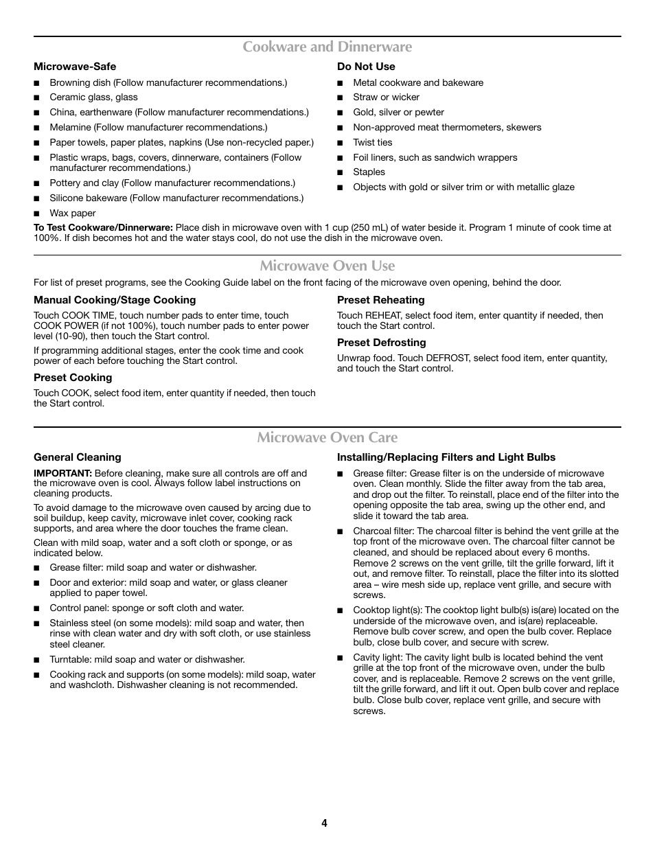 Cookware and dinnerware, Microwave oven use, Microwave oven care | Maytag W10315181A User Manual | Page 4 / 6