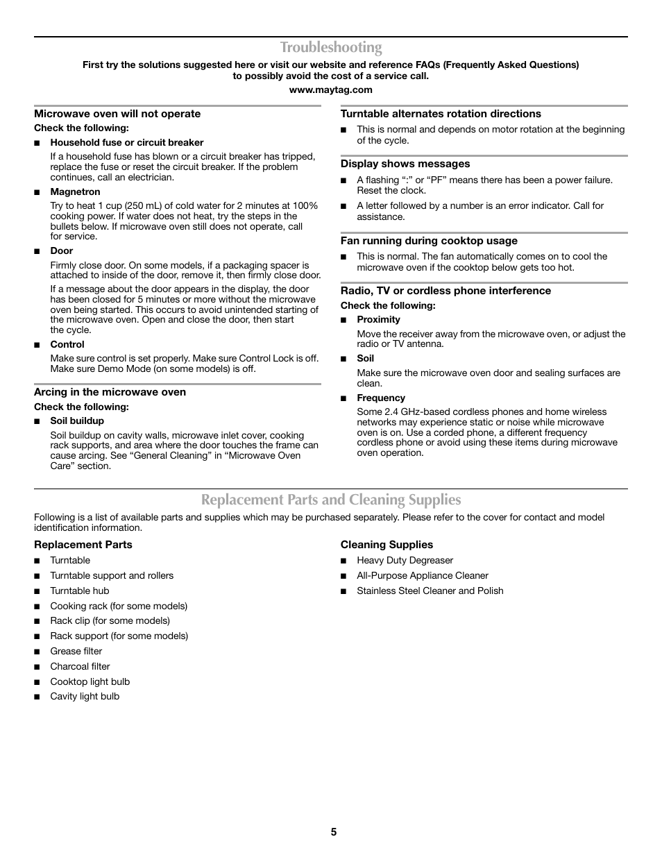 Troubleshooting, Replacement parts and cleaning supplies | Maytag W10315181A User Manual | Page 5 / 6