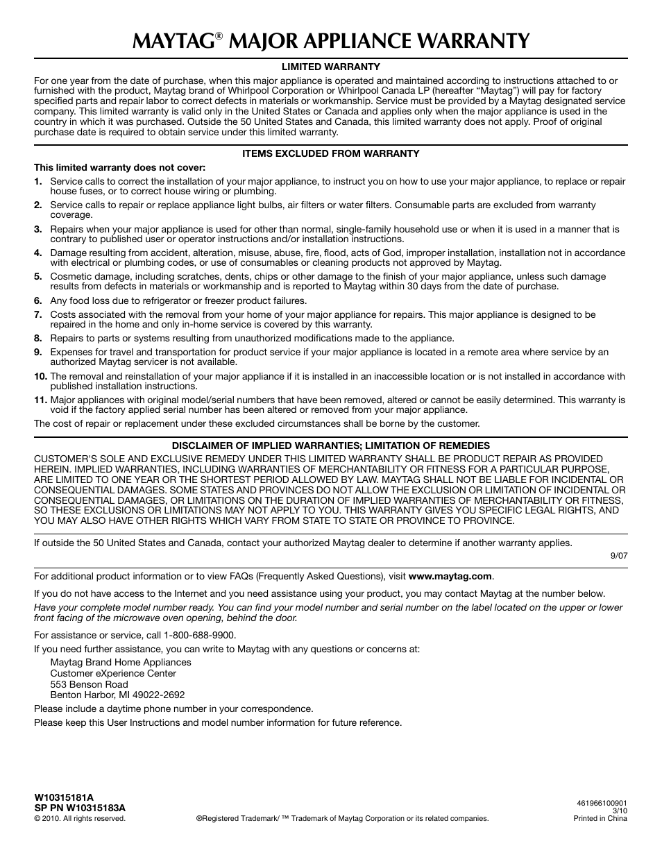 Maytag, Major appliance warranty | Maytag W10315181A User Manual | Page 6 / 6