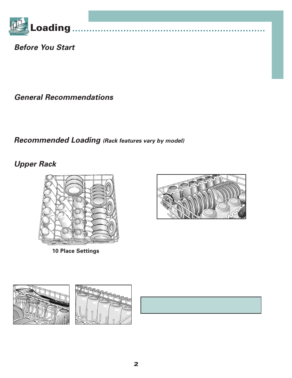Loading, Before you start, General recommendations | Recommended loading, Upper rack | Maytag 6 915928 A User Manual | Page 3 / 12