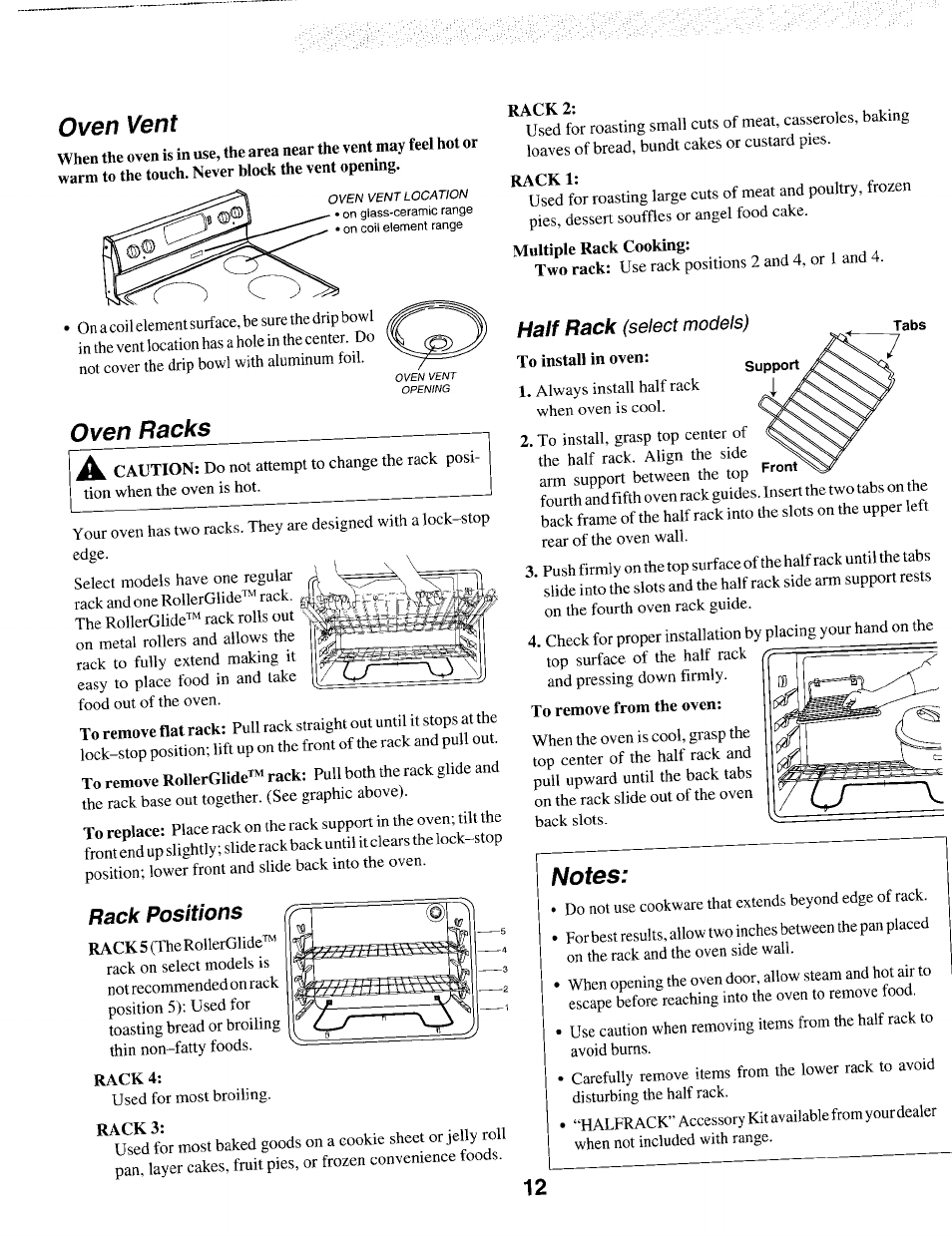 Oven vent, Notes, Oven racks | Half rack, Rack positions | Maytag T1 User Manual | Page 13 / 24