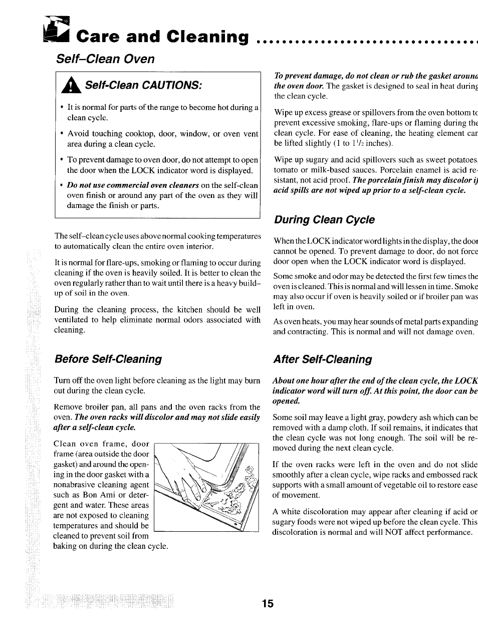 Care and cleaning, Self-clean oven, Before self-cleaning | During clean cycle, After self-cleaning | Maytag T1 User Manual | Page 16 / 24