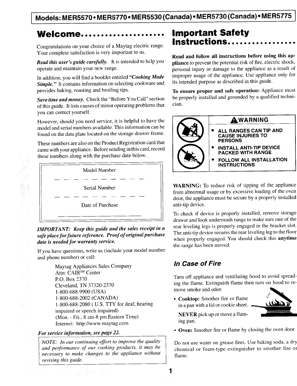 In case of fire, Welcome, Important safety instructions | Awarning | Maytag T1 User Manual | Page 2 / 24