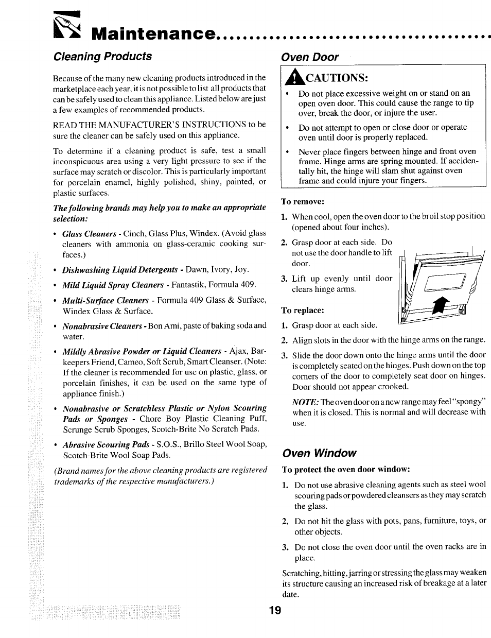 Maintenance, Cleaning products, Oven door | Oven window, Oven door iw cautions | Maytag T1 User Manual | Page 20 / 24