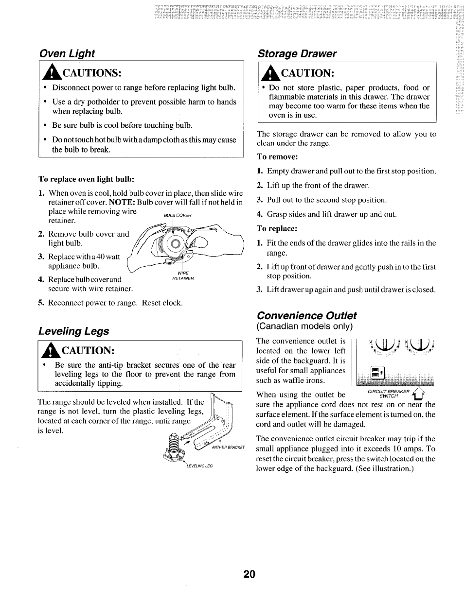 Oven light, Leveling legs, Storage drawer | Convenience outlet, Cautions, Caution, Storage drawer a, caution | Maytag T1 User Manual | Page 21 / 24