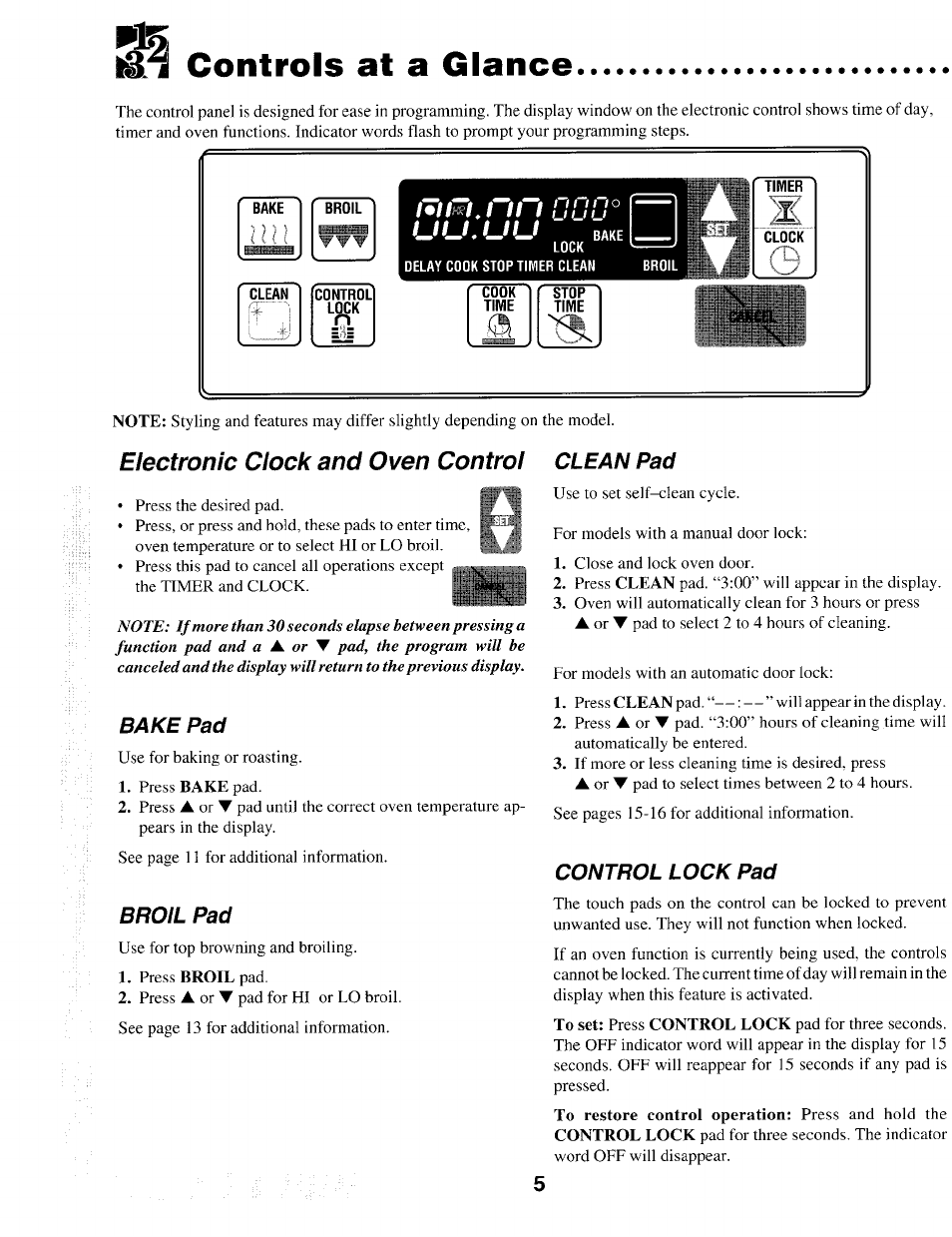 Controls at a glance, Electronic clock and oven control, Bake pad | Broil pad, Clean pad, Control lock pad | Maytag T1 User Manual | Page 6 / 24