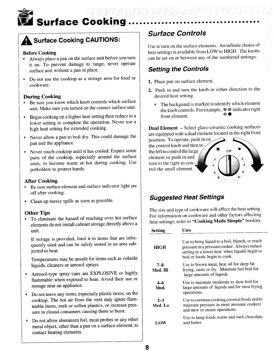 I surface cooking, Surface controls, Setting the controls | Suggested heat settings | Maytag T1 User Manual | Page 9 / 24