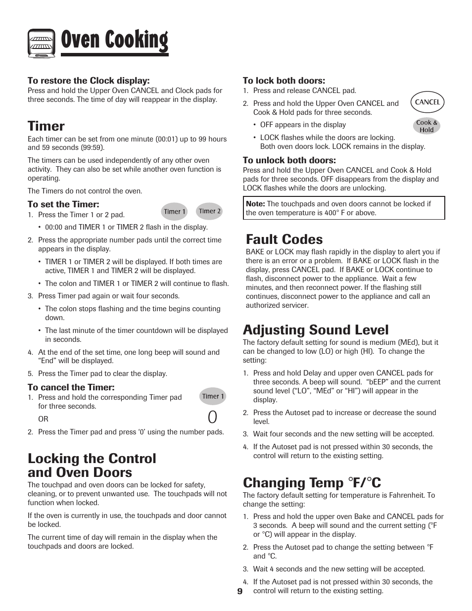 Oven cooking, Timer, Locking the control and oven doors | Adjusting sound level, Changing temp, Fault codes | Maytag PRECISION TOUCH 850 User Manual | Page 10 / 27