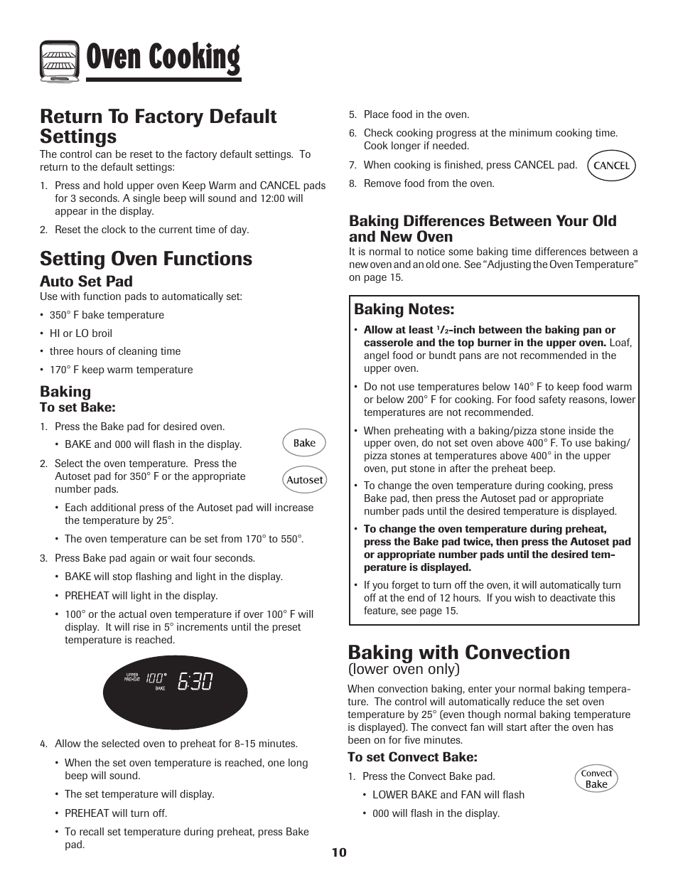 Oven cooking, Setting oven functions, Baking with convection | Return to factory default settings, Auto set pad, Baking, Baking differences between your old and new oven, Lower oven only) | Maytag PRECISION TOUCH 850 User Manual | Page 11 / 27