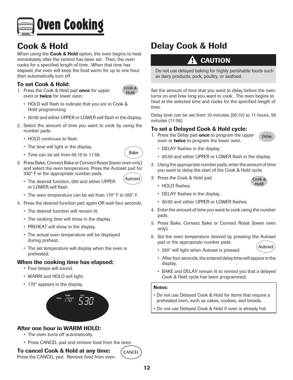 Oven cooking, Cook & hold, Delay cook & hold | Caution | Maytag PRECISION TOUCH 850 User Manual | Page 13 / 27
