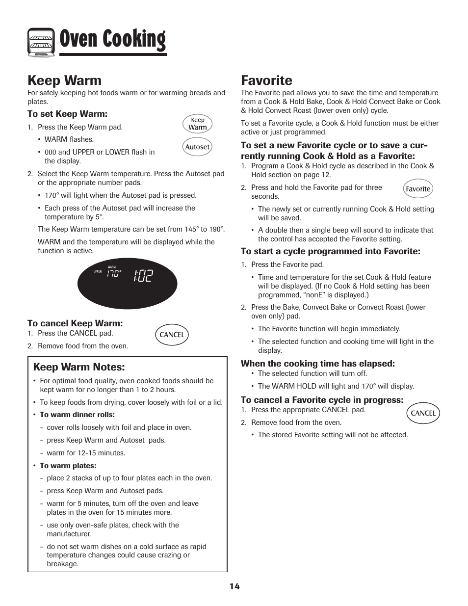 Oven cooking, Keep warm, Favorite | Maytag PRECISION TOUCH 850 User Manual | Page 15 / 27