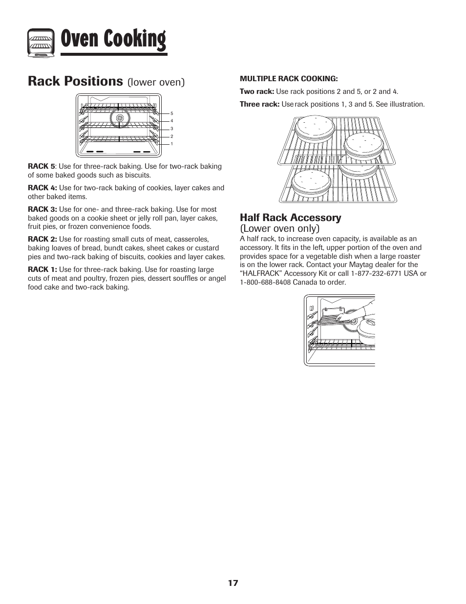 Oven cooking, Rack positions, Lower oven) | Half rack accessory (lower oven only) | Maytag PRECISION TOUCH 850 User Manual | Page 18 / 27