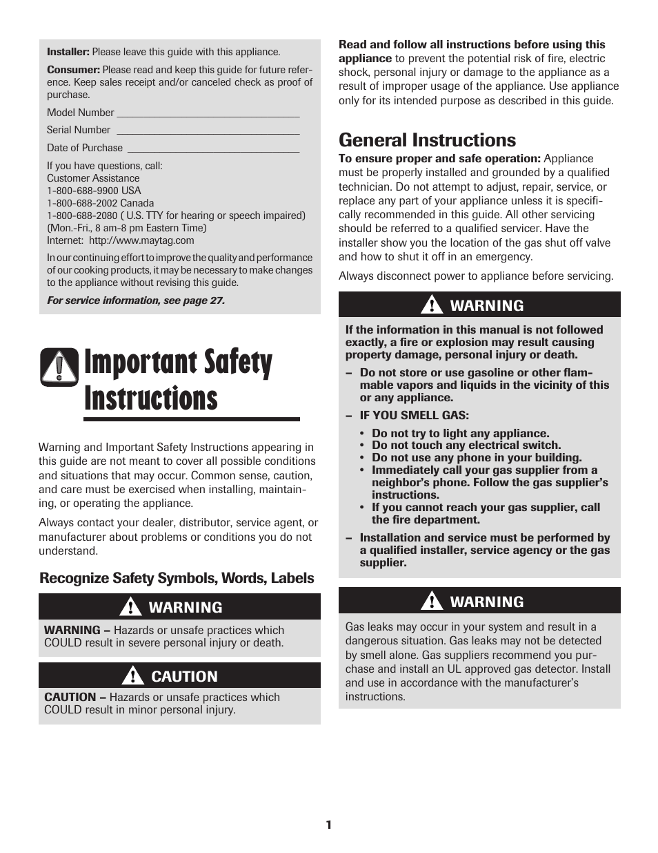 Important safety instructions, General instructions | Maytag PRECISION TOUCH 850 User Manual | Page 2 / 27