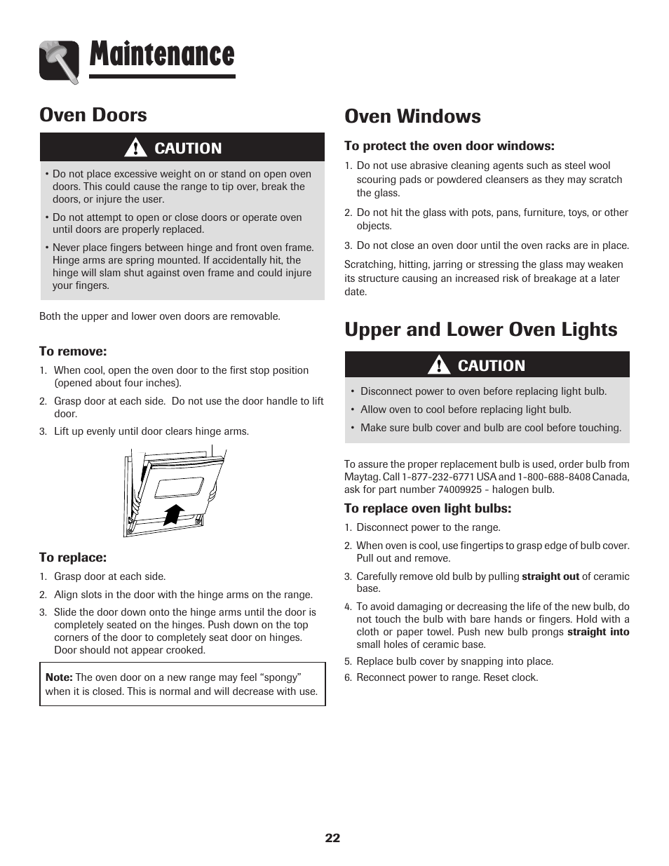 Maintenance, Oven doors oven windows, Upper and lower oven lights | Caution | Maytag PRECISION TOUCH 850 User Manual | Page 23 / 27