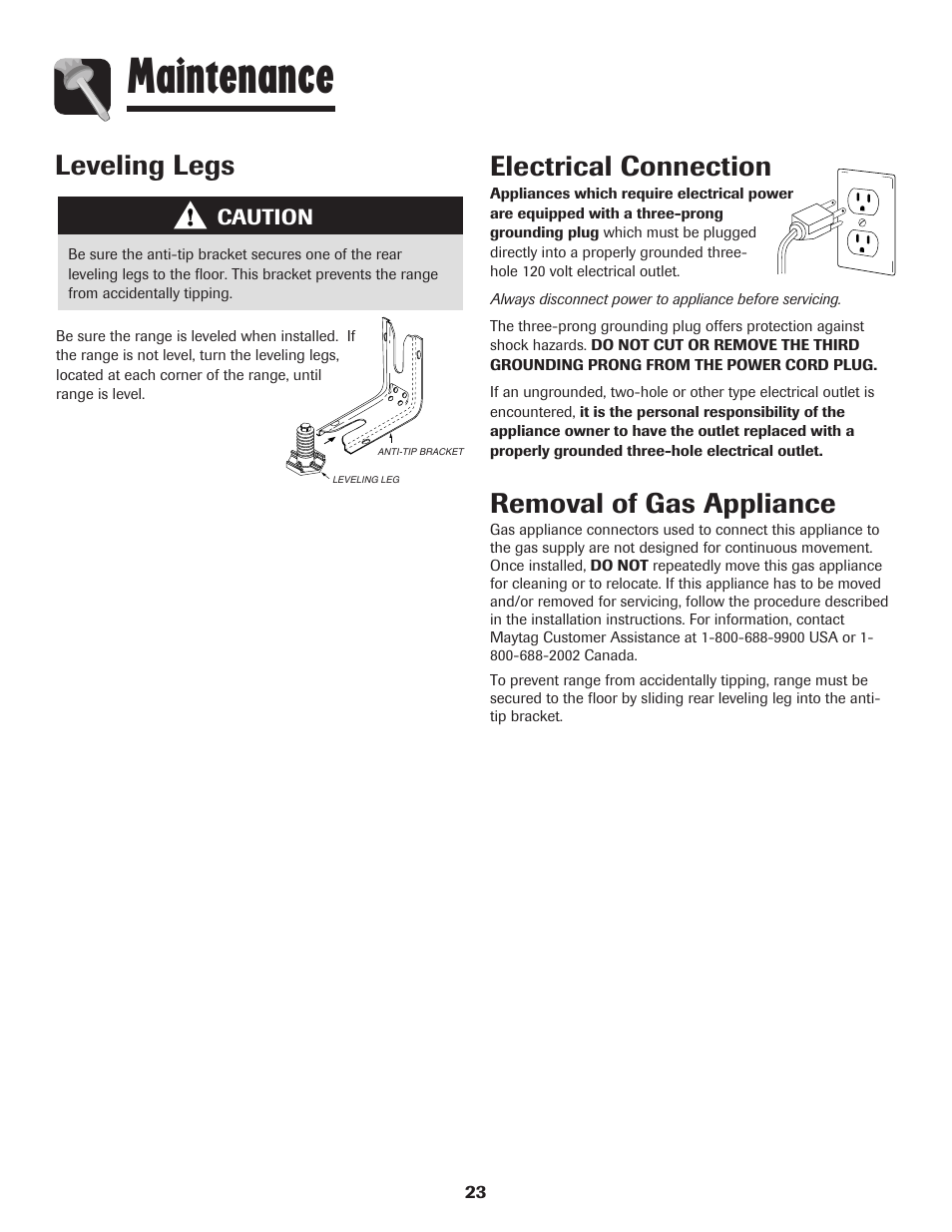 Maintenance, Removal of gas appliance, Electrical connection | Leveling legs | Maytag PRECISION TOUCH 850 User Manual | Page 24 / 27