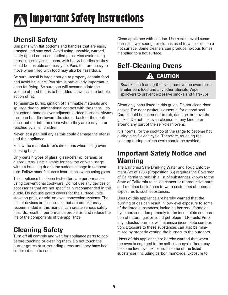 Important safety instructions, Utensil safety, Cleaning safety | Self-cleaning ovens, Important safety notice and warning | Maytag PRECISION TOUCH 850 User Manual | Page 5 / 27