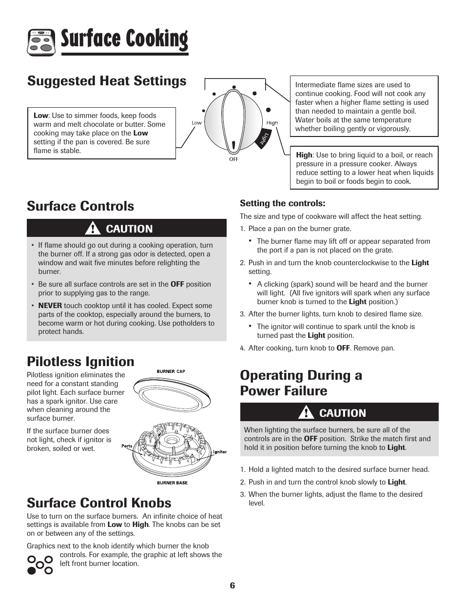 Surface cooking, Surface controls pilotless ignition, Suggested heat settings | Maytag PRECISION TOUCH 850 User Manual | Page 7 / 27