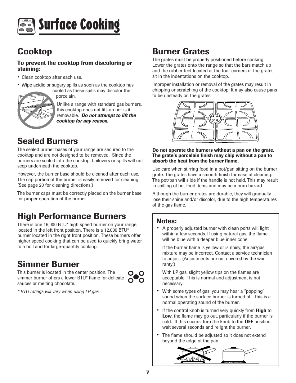 Surface cooking, Cooktop, Burner grates | Sealed burners, High performance burners, Simmer burner | Maytag PRECISION TOUCH 850 User Manual | Page 8 / 27