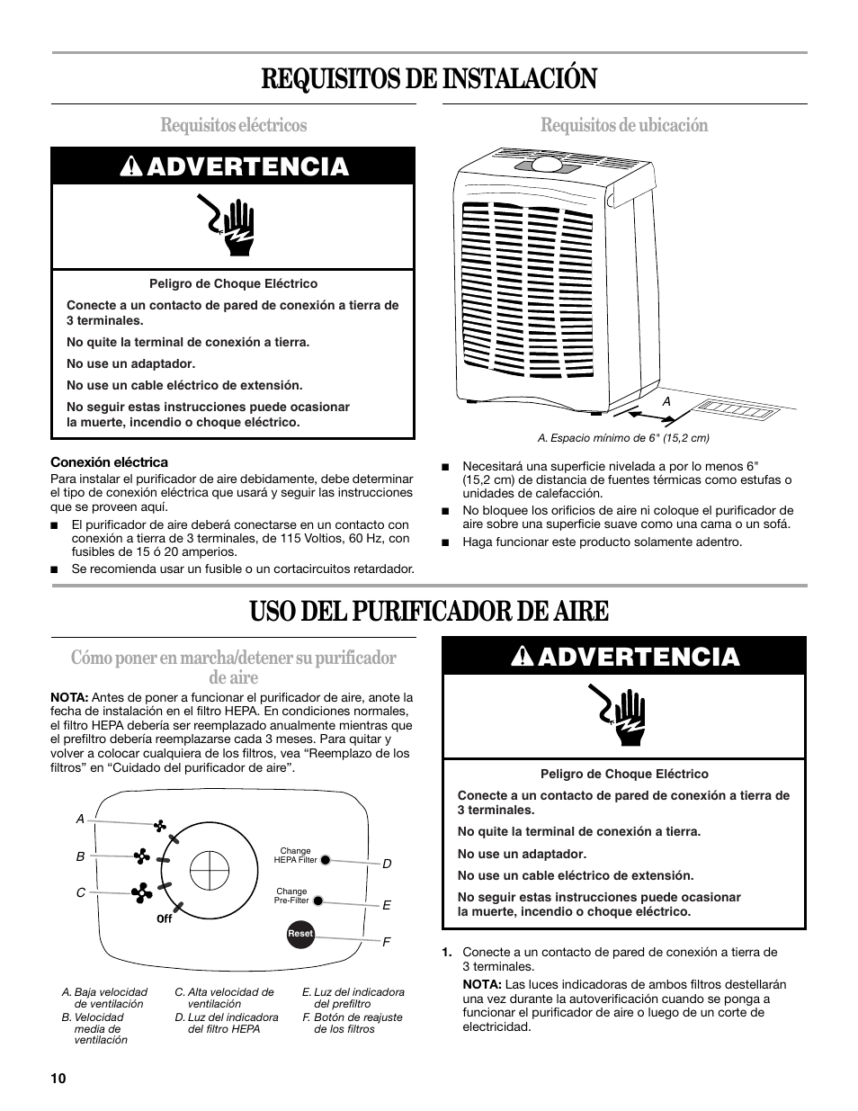 Requisitos de instalación, Uso del purificador de aire, Advertencia | Requisitos eléctricos, Requisitos de ubicación | Maytag MT-AP250450 User Manual | Page 10 / 20