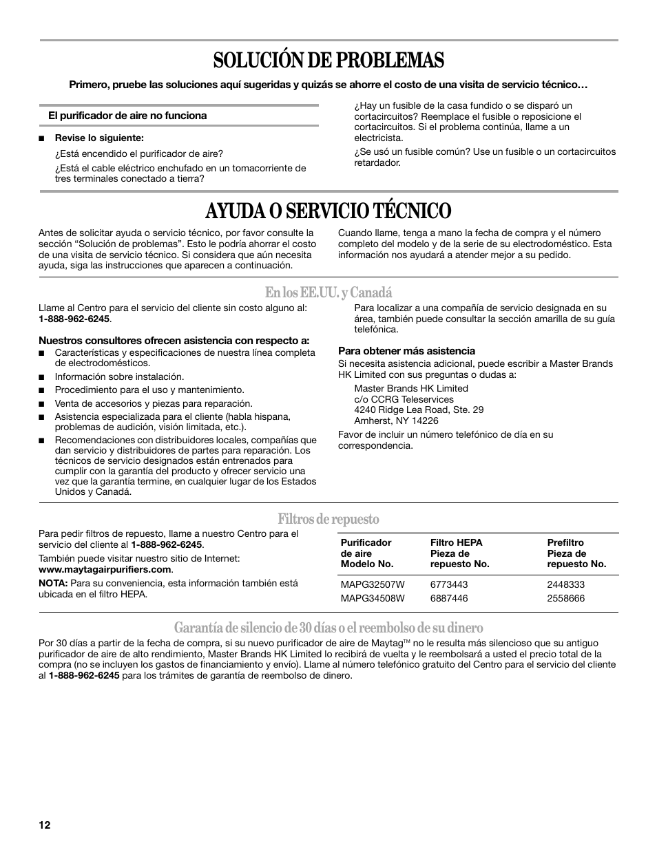 Solución de problemas, Ayuda o servicio técnico, En los ee.uu. y canadá | Filtros de repuesto | Maytag MT-AP250450 User Manual | Page 12 / 20