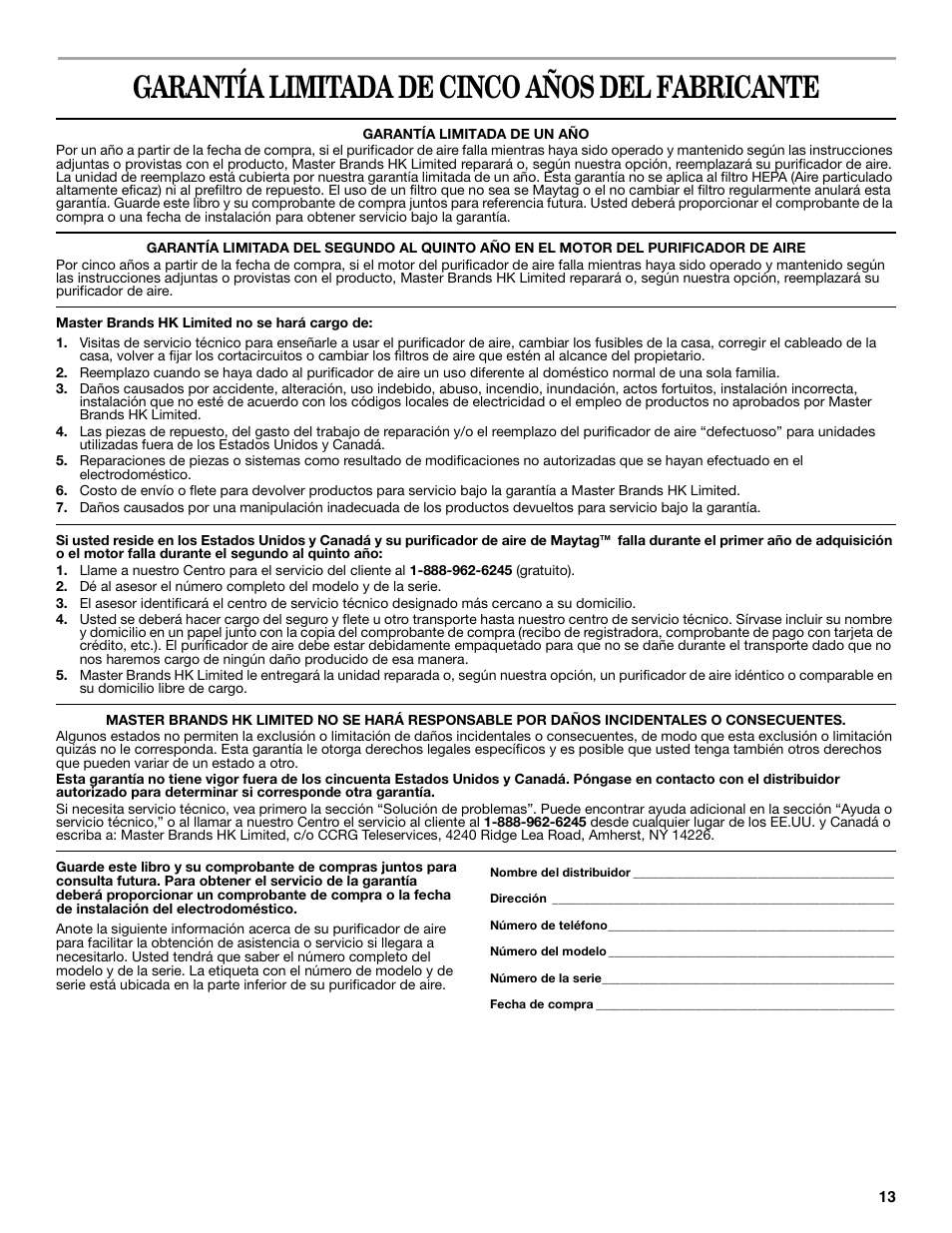 Garantía limitada de cinco años del fabricante | Maytag MT-AP250450 User Manual | Page 13 / 20