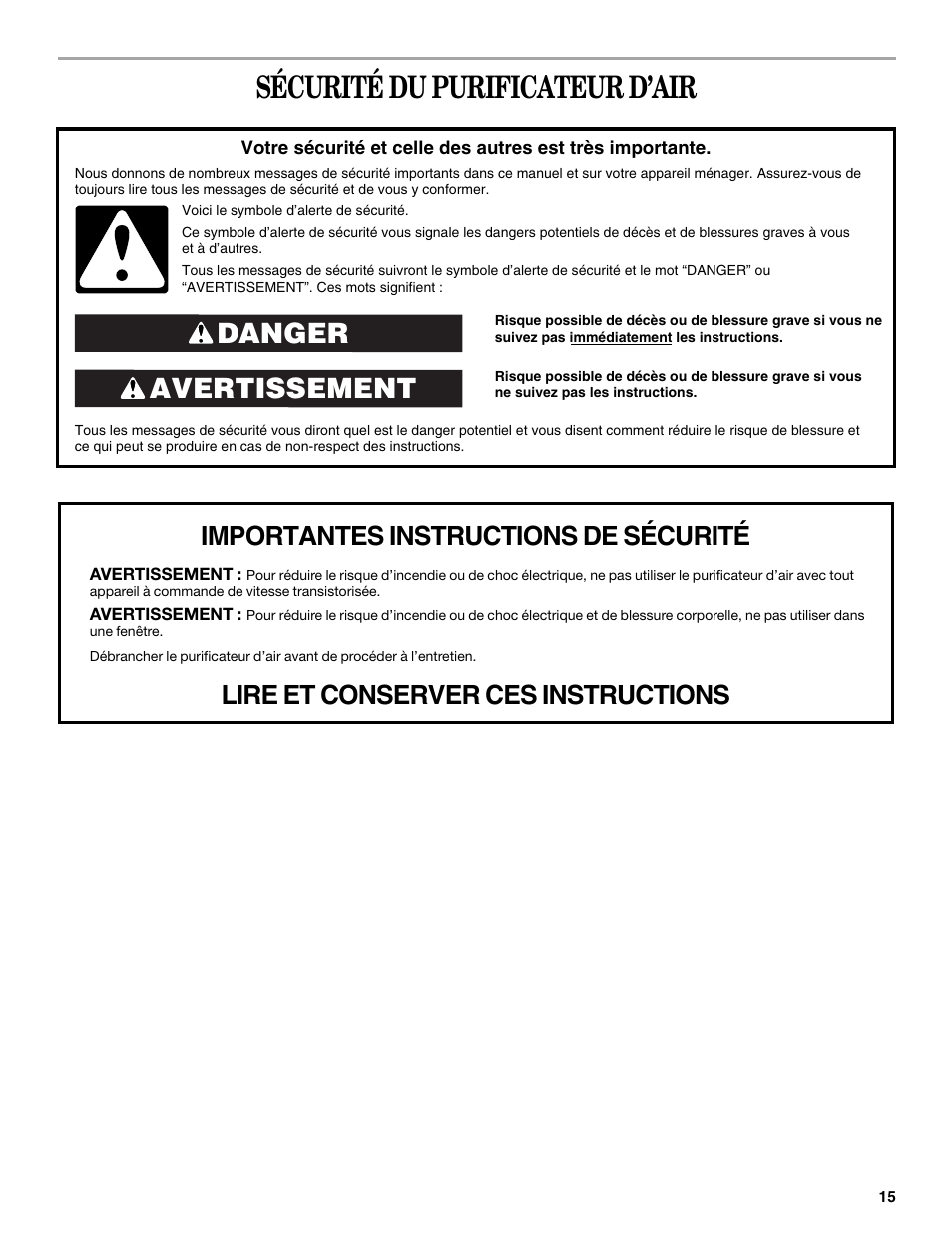 Sécurité du purificateur d’air, Avertissement danger | Maytag MT-AP250450 User Manual | Page 15 / 20