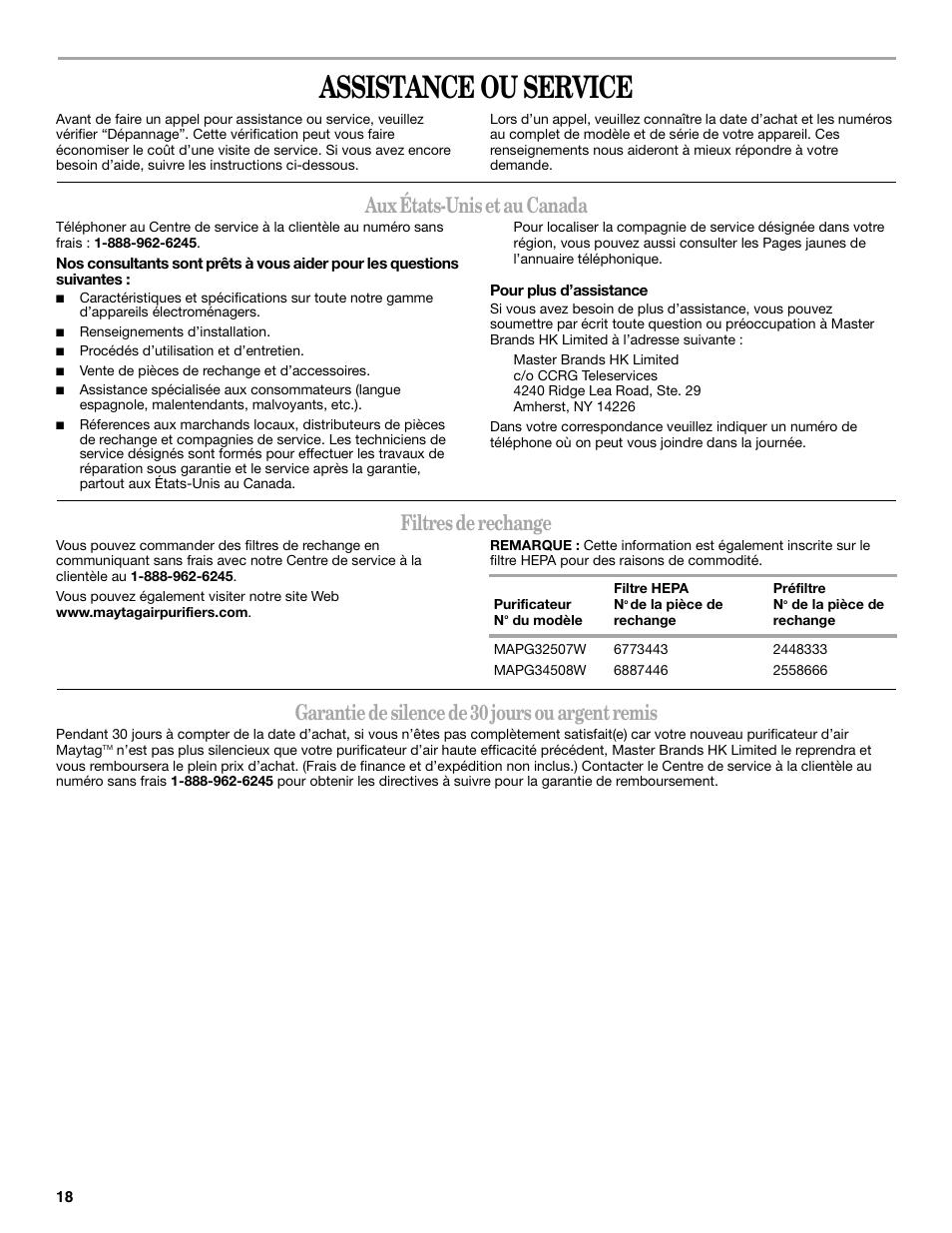 Assistance ou service, Aux états-unis et au canada, Filtres de rechange | Garantie de silence de 30 jours ou argent remis | Maytag MT-AP250450 User Manual | Page 18 / 20