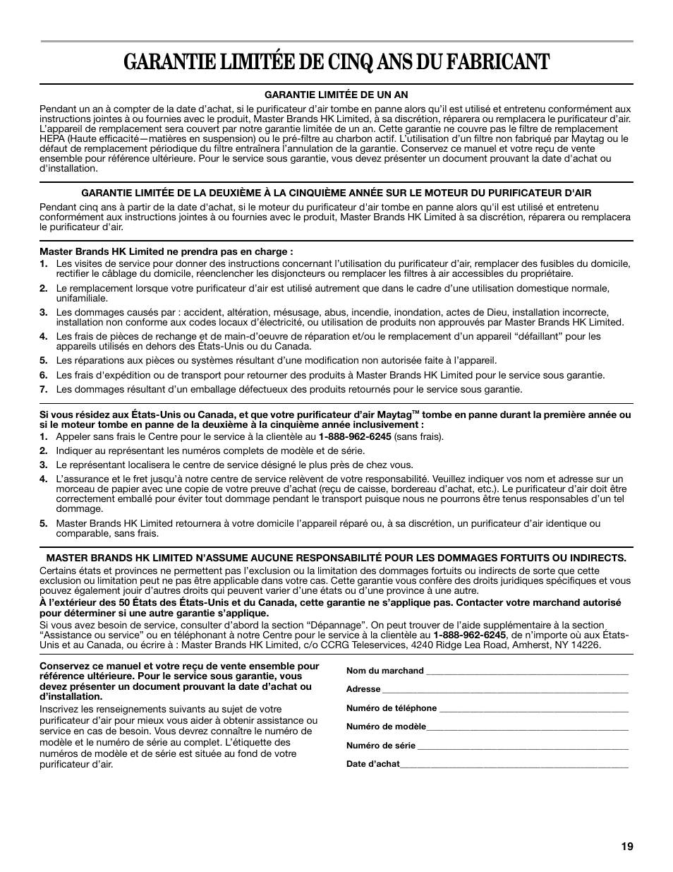 Garantie limitée de cinq ans du fabricant | Maytag MT-AP250450 User Manual | Page 19 / 20