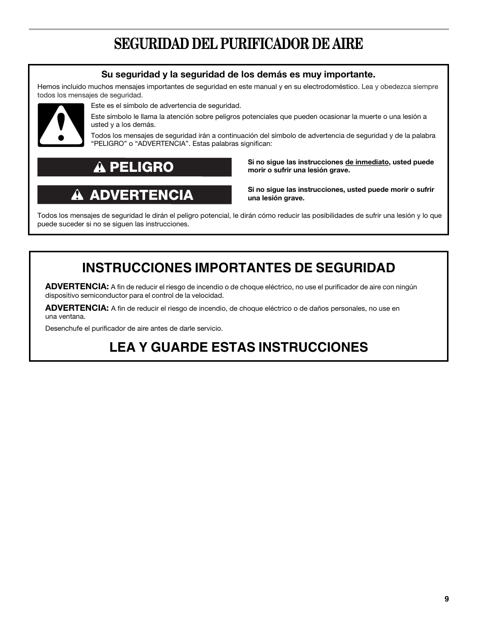 Seguridad del purificador de aire, Advertencia peligro | Maytag MT-AP250450 User Manual | Page 9 / 20