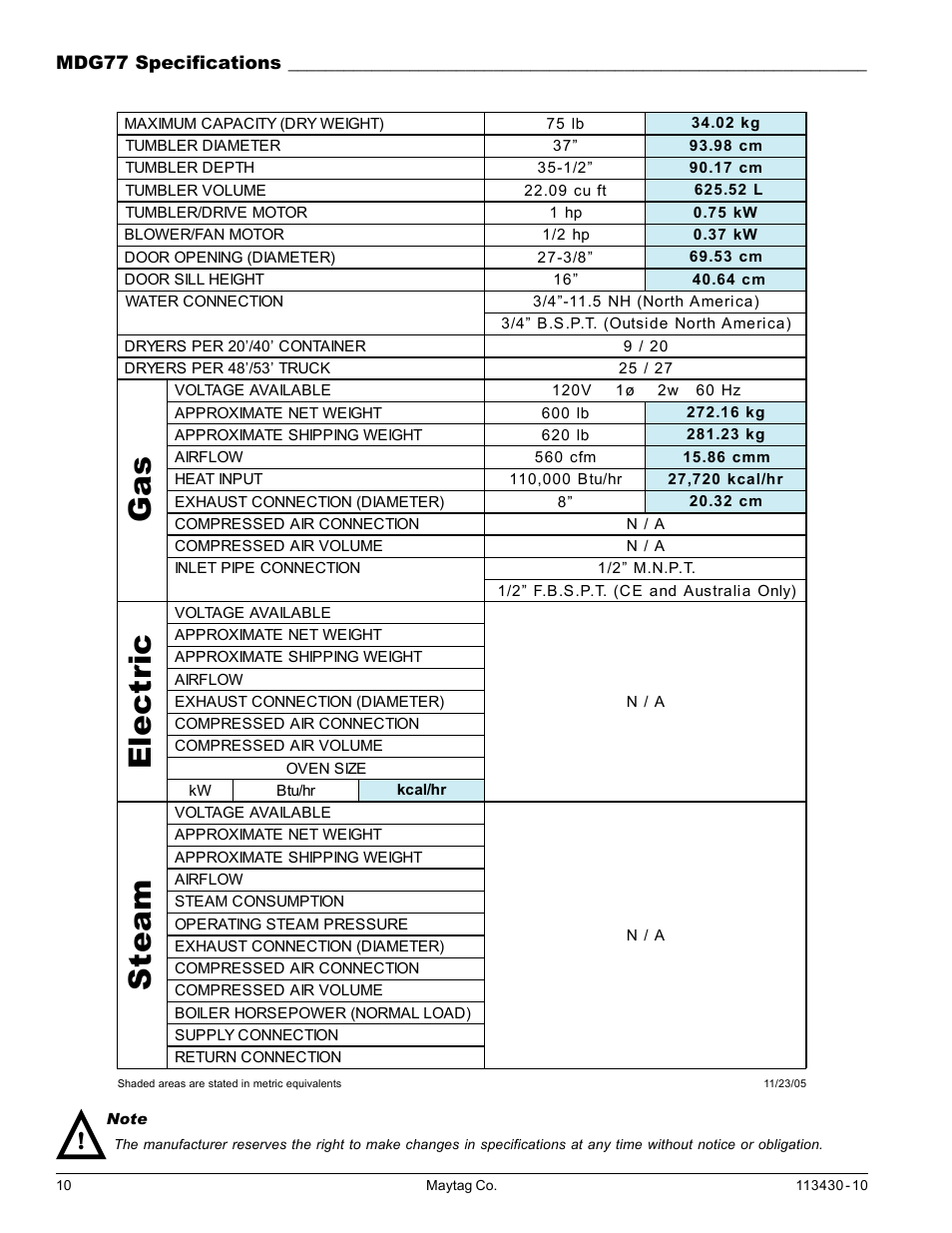 Mdg77 specifications, Gas electric steam | Maytag MDG31 User Manual | Page 10 / 26