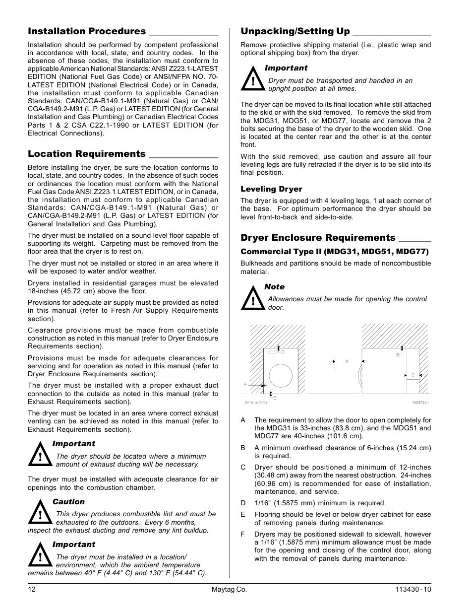 Installation procedures, Location requirements, Unpacking/setting up | Dryer enclosure requirements | Maytag MDG31 User Manual | Page 12 / 26