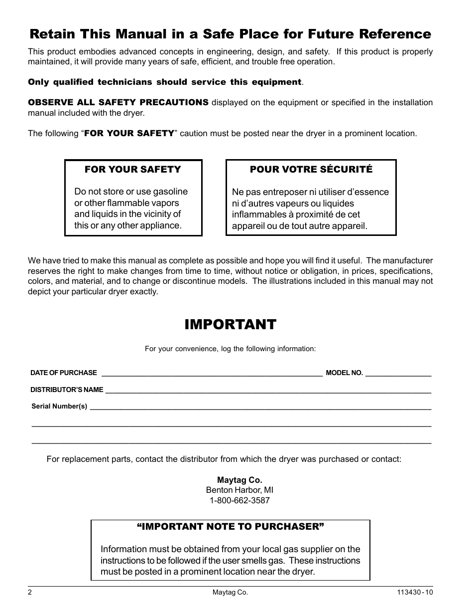 Important | Maytag MDG31 User Manual | Page 2 / 26