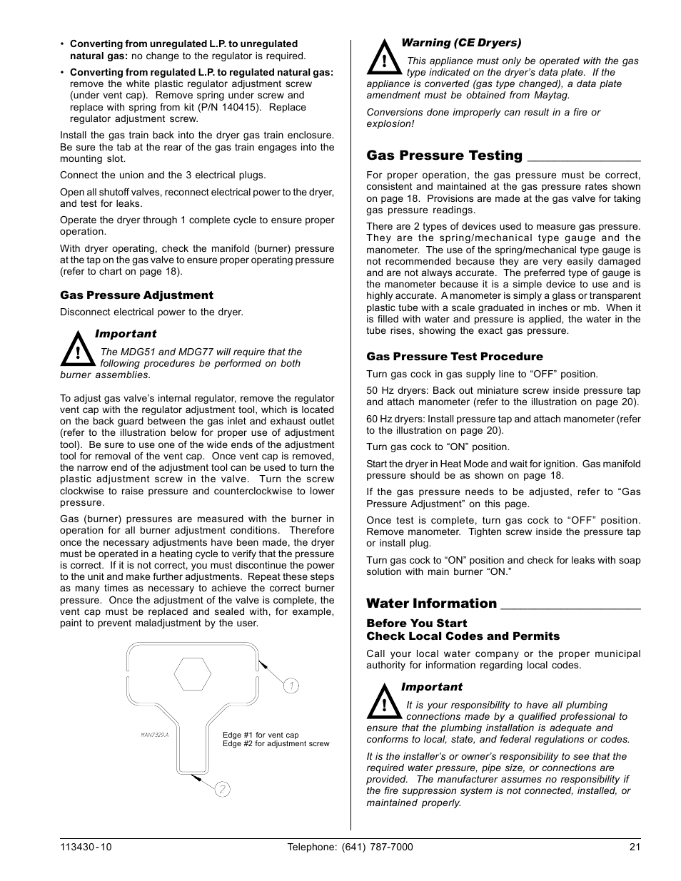 Gas pressure testing, Water information, Gas pressure testing water information | Maytag MDG31 User Manual | Page 21 / 26