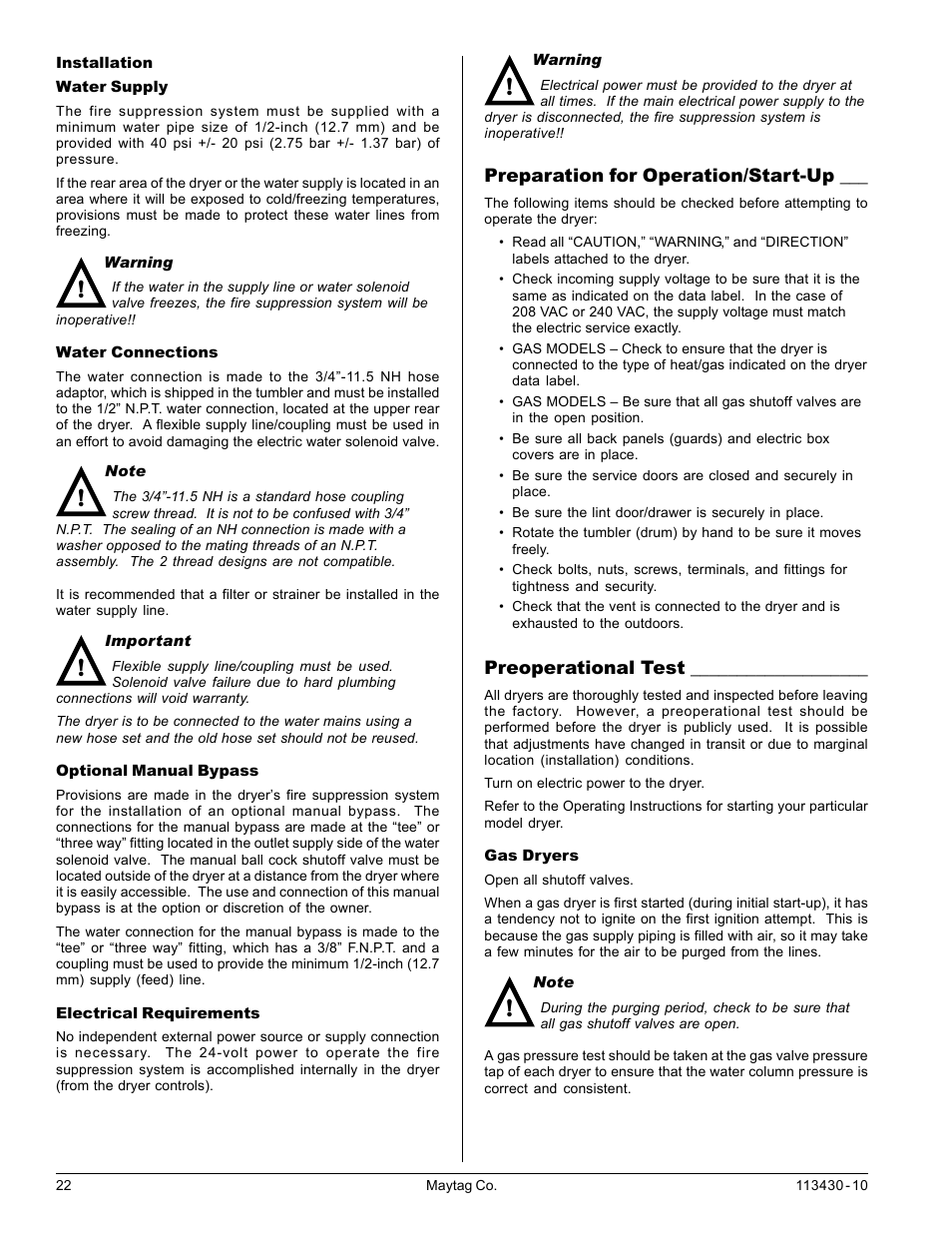 Preparation for operation/start-up, Preoperational test | Maytag MDG31 User Manual | Page 22 / 26