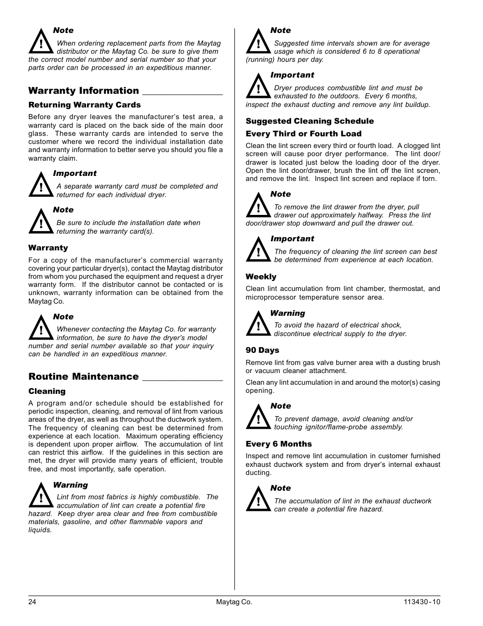 Warranty information, Returning warranty cards, Warranty | Routine maintenance, Cleaning, Returning warranty cards warranty | Maytag MDG31 User Manual | Page 24 / 26