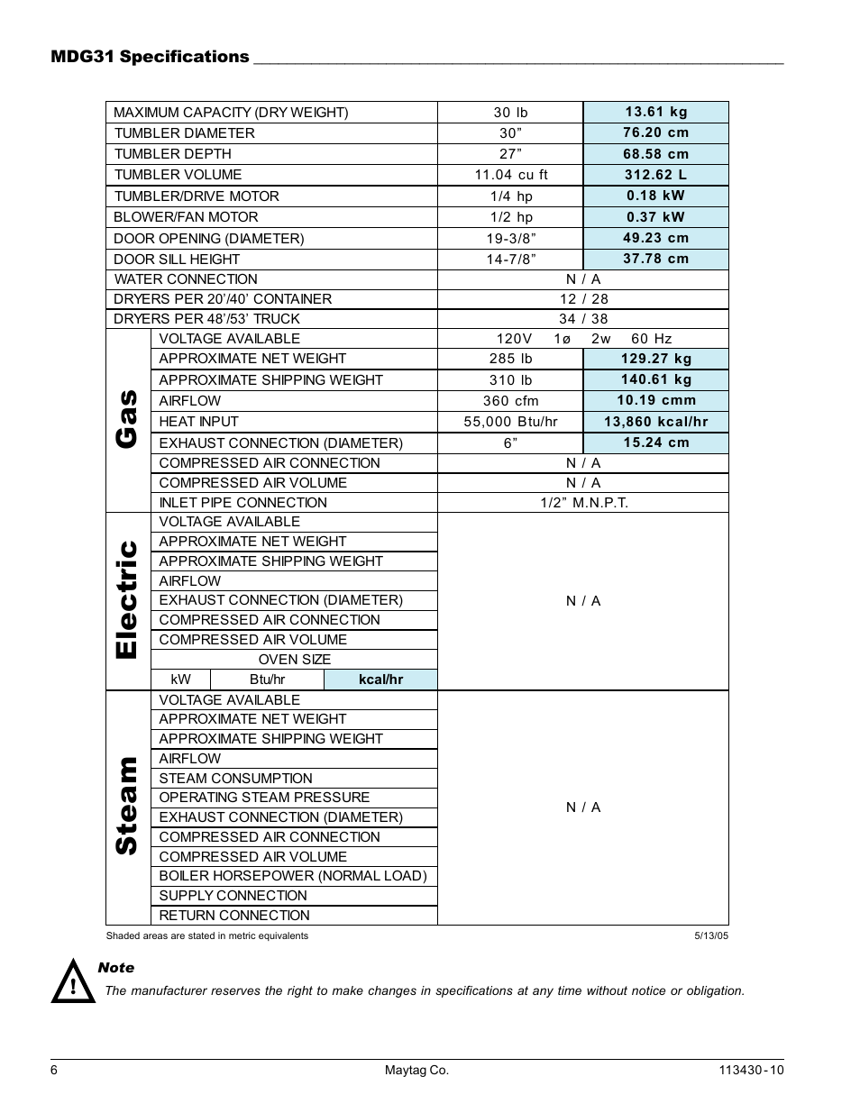 Mdg31 specifications, Gas electric steam | Maytag MDG31 User Manual | Page 6 / 26