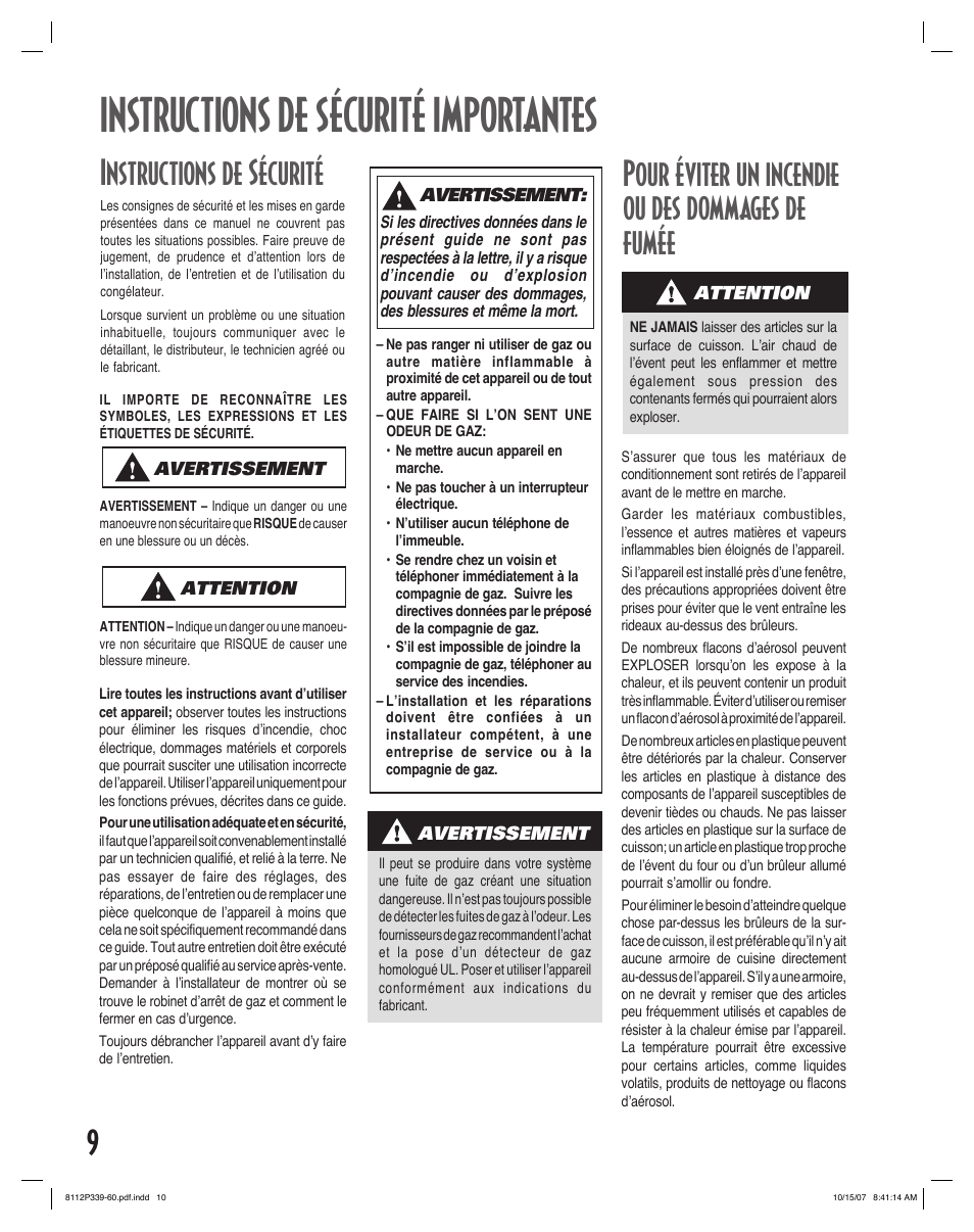 Instructions de sécurité importantes, Instructions de sécurité, Pour éviter un incendie ou des dommages de fumée | Maytag MGC6536BDW User Manual | Page 10 / 24