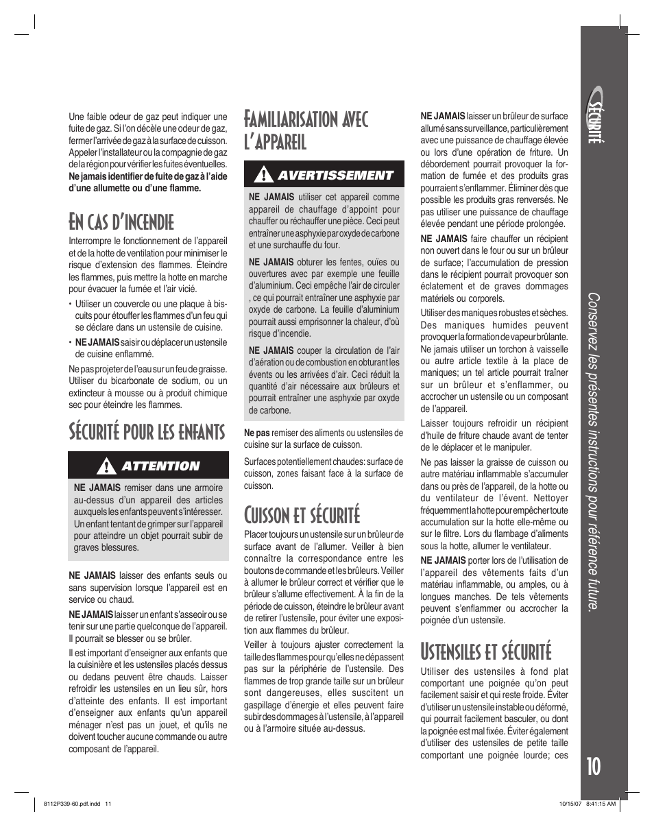 En cas d’incendie, Sécurité pour les enfants, Familiarisation avec l’appareil | Ustensiles et sécurité, Cuisson et sécurité | Maytag MGC6536BDW User Manual | Page 11 / 24