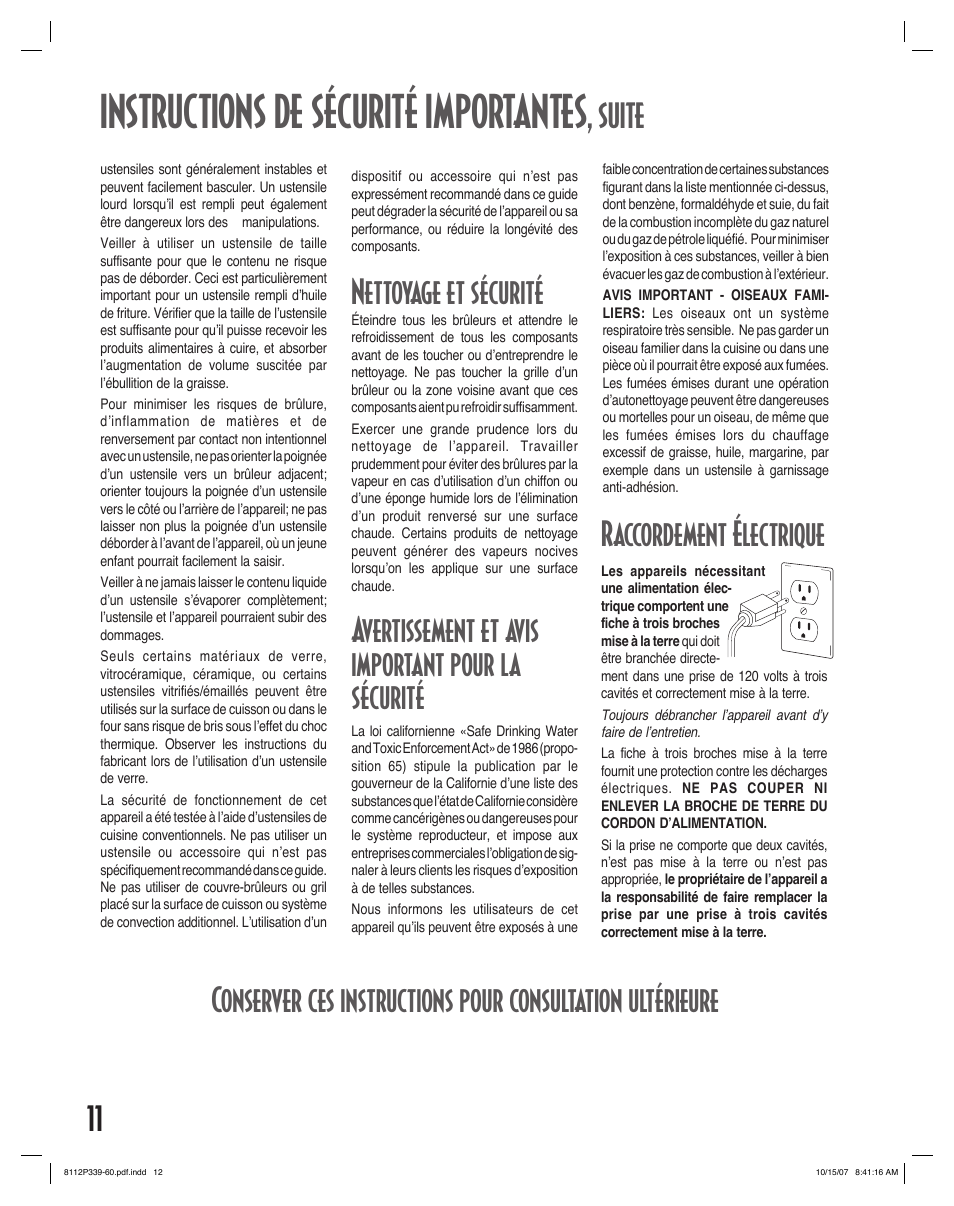 Instructions de sécurité importantes, Suite, Nettoyage et sécurité | Avertissement et avis important pour la sécurité | Maytag MGC6536BDW User Manual | Page 12 / 24