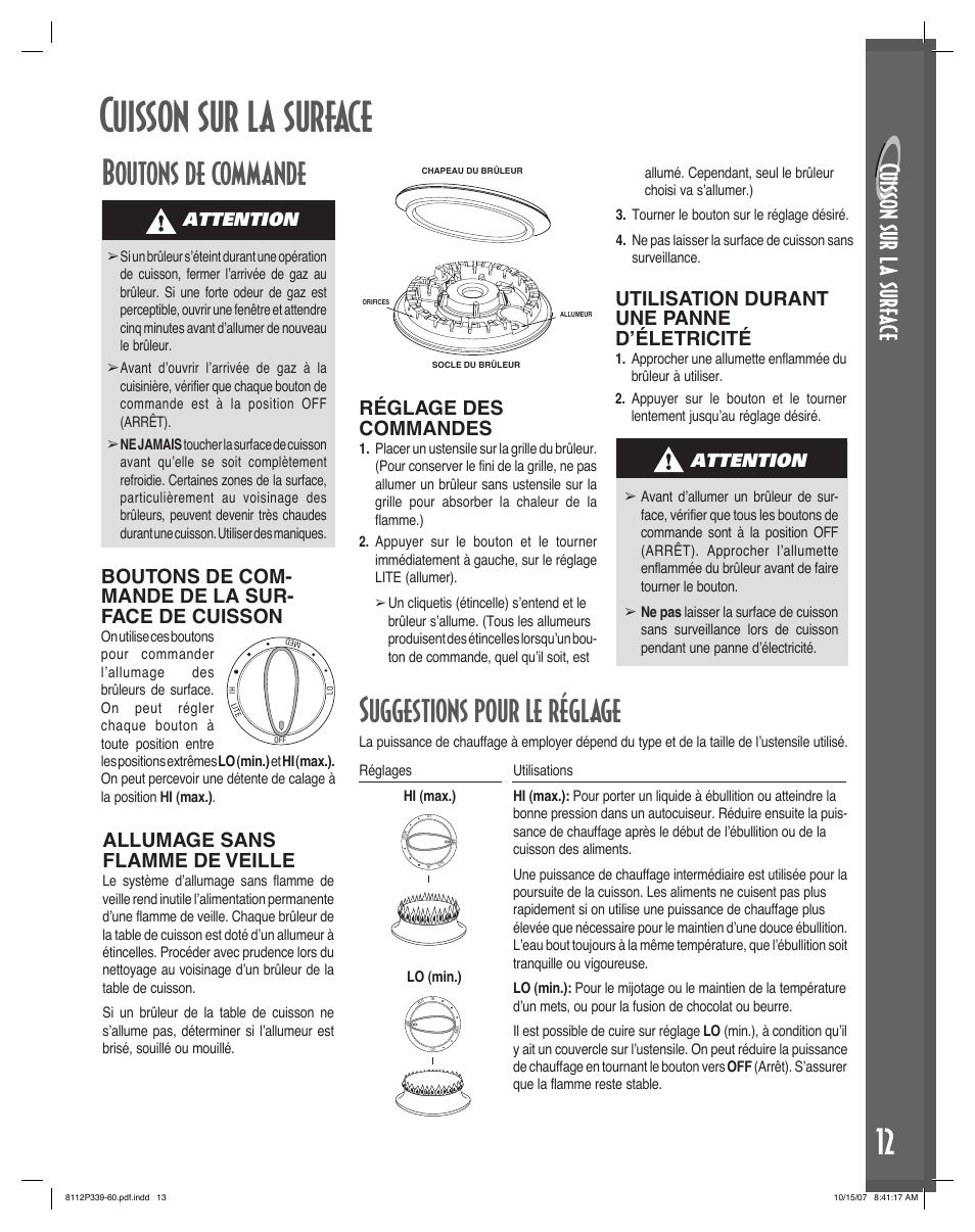 Cuisson sur la surface, Suggestions pour le réglage, Boutons de commande | Boutons de com- mande de la sur- face de cuisson, Réglage des commandes, Utilisation durant une panne d’életricité, Allumage sans flamme de veille, Attention | Maytag MGC6536BDW User Manual | Page 13 / 24