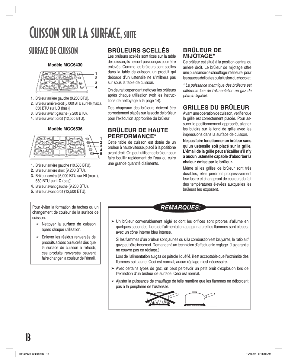 Cuisson sur la surface, Surface de cuisson, Suite | Maytag MGC6536BDW User Manual | Page 14 / 24