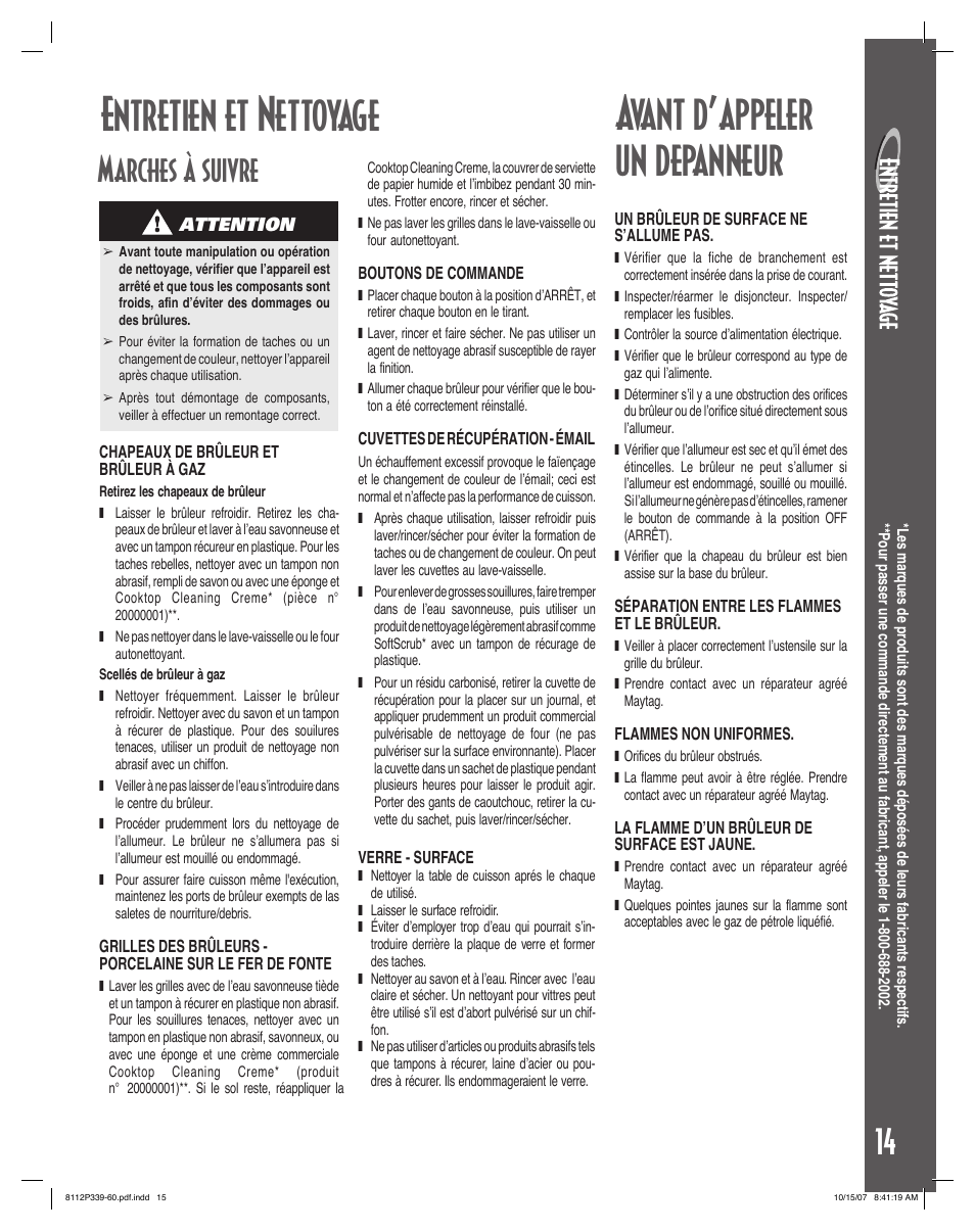 Entretien et nettoyage, Avant d’appeler un depanneur, 14 marches à suivre | Maytag MGC6536BDW User Manual | Page 15 / 24