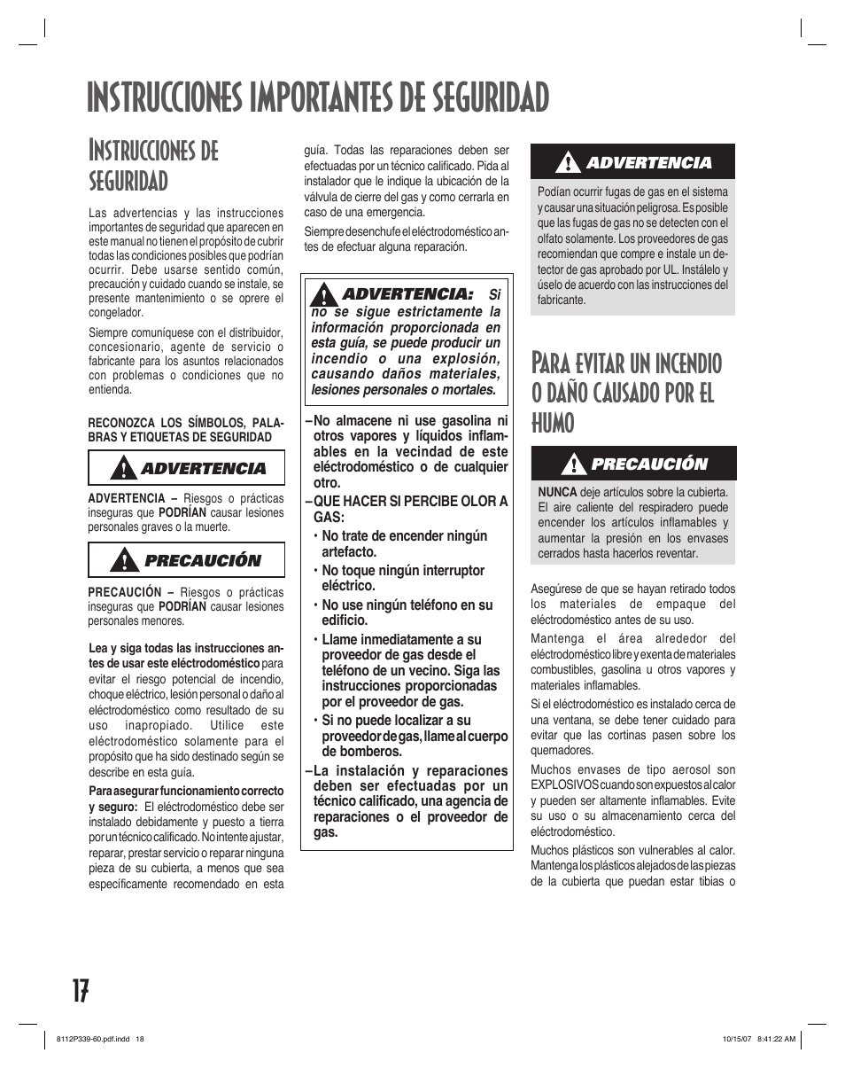 Instrucciones importantes de seguridad, Instrucciones de seguridad, Para evitar un incendio o daño causado por el humo | Maytag MGC6536BDW User Manual | Page 18 / 24