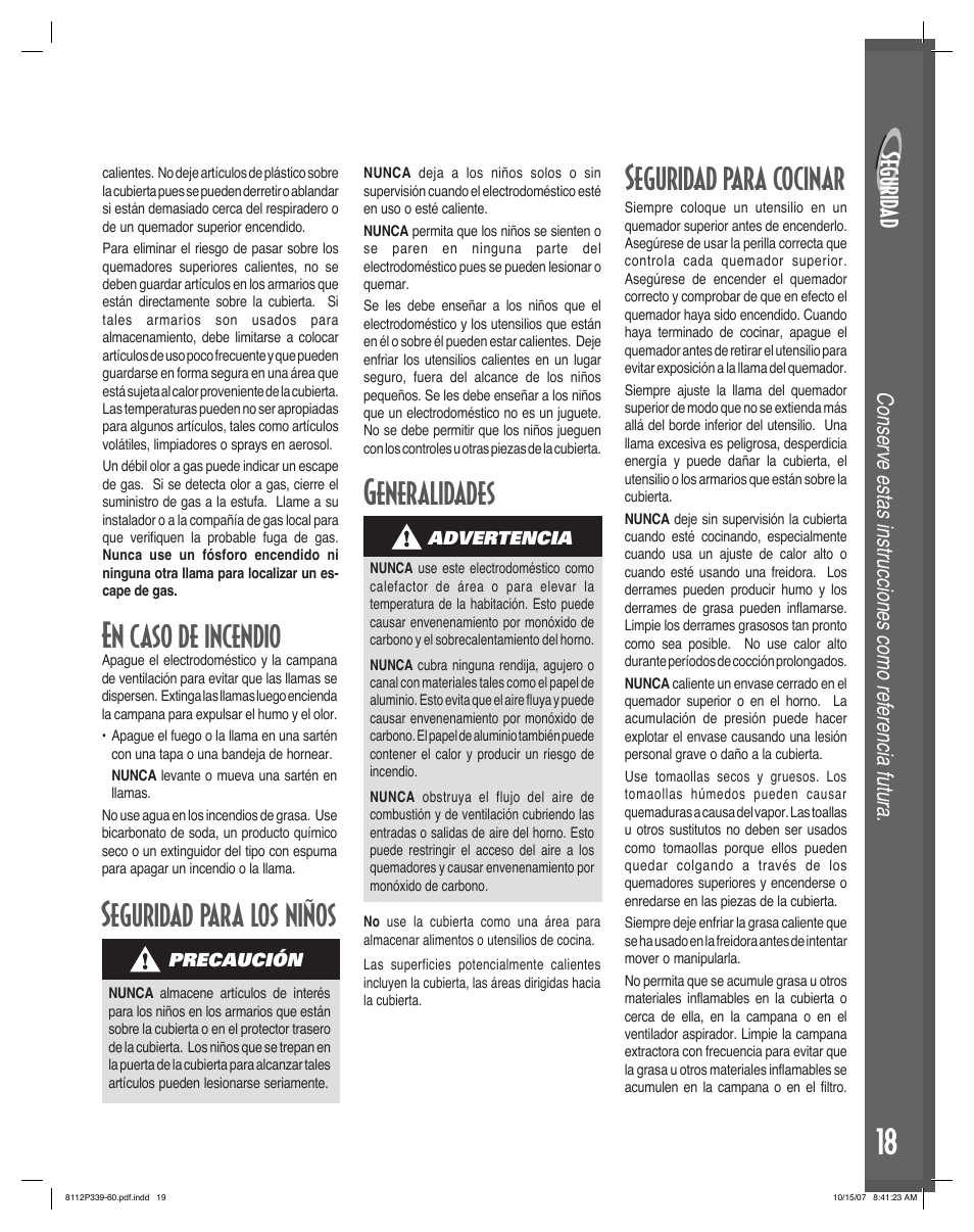 En caso de incendio, Seguridad para cocinar, Generalidades | Seguridad para los niños, Segur ida d | Maytag MGC6536BDW User Manual | Page 19 / 24